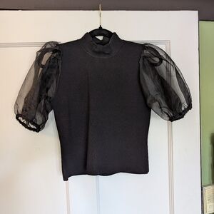 House of Harlow 1960 Black Mock Neck Top with Sheer Puff Sleeves